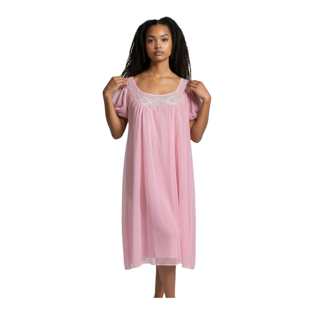 Vintage 70’s Chiffon Pastel Pink Semi Sheer Puff Sleeve Nightie